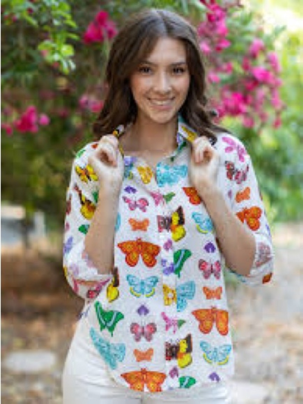 Lesley Evers Butterflies & Moths Button-Up Linen Blend Blouse